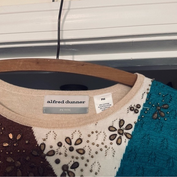 Alfred Dunner Color block LS Sweater Lightweight MP beiges choc brown dk teal - Picture 5 of 12